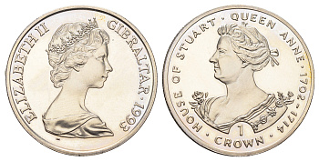 Гибралтар 1 крона 1993 Династия Стюартов - Королева Анна KM 132 медно-никель BU 11-182-43