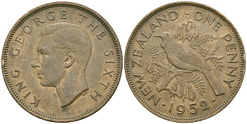 Новая Зеландия 1 пенни 1952 Птица Туи, Король Георг VI (1937 - 1952) KM 21 бронза 4120-112