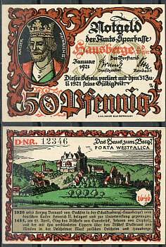 Германия, Хаусберге 50 пфеннигов 1921 нотгельд, историческая серия, Генрих II Grabowski 585.1.a  бумага  UNC (пресс) 444-91-2-2