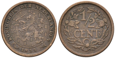 Нидерланды 1/2 цента 1915 Вильгельмина (1890-1948) KM 138 бронза 4576-361