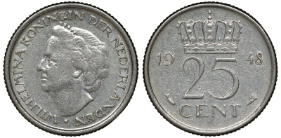 НИДЕРЛАНДЫ 25 ЦЕНТОВ 1948 ВИЛЬГЕЛЬМИНА KM 178 никель 72-1717