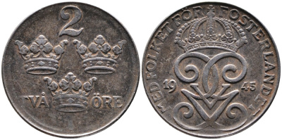 Швеция 2 эре 1945 Густав V (1907-1950) KM 811 железо 4388-1122
