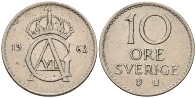 Швеция 10 эре 1962 Густав VI Адольф (1950-1973) KM 835 медно-никель 4585-363