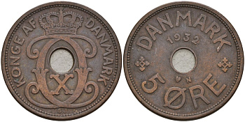 Дания 5 эре 1932 Кристиан X (1912-1947) KM 828 бронза 4148-217