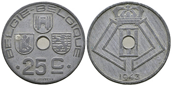 БЕЛЬГИЯ 25 САНТИМОВ 1943 BELGIE-BELGIQUE, ГЕРМАНСКАЯ ОККУПАЦИЯ, ВТОРАЯ МИРОВАЯ ВОЙНА KM 132 цинк 4379-124