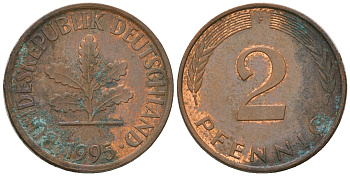ФРГ 2 пфеннига 1995 F KM 106a, J.381a сталь плакированная медью 4651-1118