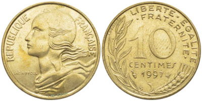ФРАНЦИЯ 10 САНТИМОВ 1997 ТИП MARIANNE KM 929, LE FRANC 144.41 медь алюминий никель 116-434