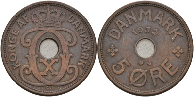 Дания 5 эре 1932 Кристиан X (1912-1947) KM 828 бронза 4148-217