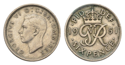 Великобритания 6 пенсов 1951 Георг VI (1936-1952) KM 875, Spink 4110 медно-никель 4696-817