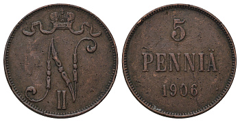 Россия для Финляндии 5 пенни 1906 Николай II (1894-1917) Биткин 447 медь 4128-345