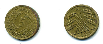 Германия 5 рейхспфеннигов 1925 A KM 39, J. 316, Weege 7 алюминиевая бронза 54-429