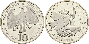 ФРГ 10 марок 1998 D, 350 лет Вестфальскому мирному договору KM 191 серебро UNC 02-222-34