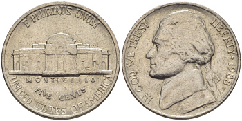 США 5 ЦЕНТОВ 1988 Р, ДЖЕФФЕРСОН KM А192 медно-никель 31-652