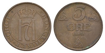 Норвегия 5 эре 1931 Хокон VII (1905-1957) KM 368 бронза 4635-526