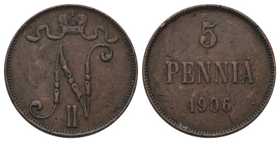 Россия для Финляндии 5 пенни 1906 Николай II (1894-1917) Биткин 447 медь 4128-345