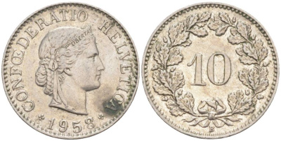 Швейцария 10 раппенов 1958 B KM 27 медно-никель     55-253