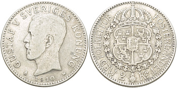 Швеция 2 кроны 1910 W, Густав V (1907-1950) KM 787 KM 787 серебро 1520-331