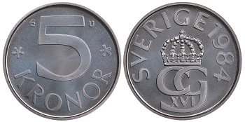 Швеция 5 крон 1984 U, Карл XVI Густав (1973- ) KM 853 медно-никель PROOFLIKE 59-243