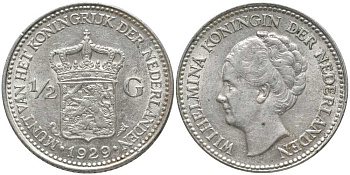 Нидерланды 1/2 гульдена 1930 Вильгельмина I (1890-1948) КМ 160 серебро 202-551