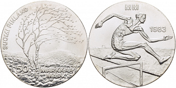 Финляндия 50 марок 1983 K-T, чемпионат мира по атлетике, бег с препятствиями KM 61 серебро UNC 1515-1222