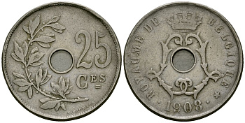 Бельгия 25 сантимов 1908 Belgique KM 62 медно-никель 4168-1132