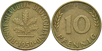 ФРГ 10 ПФЕННИГОВ 1950 F KM 108, J.383 сталь плакированная латунью 75-625