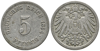 ГЕРМАНИЯ 5 ПФЕННИГОВ 1894 A KM 11, J. 12 медно-никель 39-713