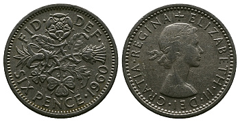 Великобритания 6 пенсов 1960 Елизавета II (1952-2022) KM 903, Spink 4149 медно-никель 4381-725