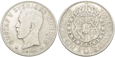 Швеция 2 кроны 1910 W, Густав V (1907-1950) KM 787 KM 787 серебро 1520-331