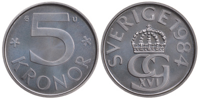 Швеция 5 крон 1984 U, Карл XVI Густав (1973- ) KM 853 медно-никель PROOFLIKE 59-243