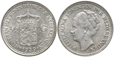 Нидерланды 1/2 гульдена 1930 Вильгельмина I (1890-1948) КМ 160 серебро 202-551