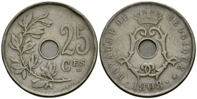 Бельгия 25 сантимов 1908 Belgique KM 62 медно-никель 4168-1132