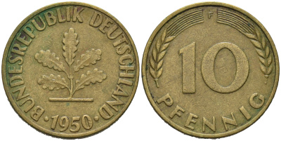 ФРГ 10 пфеннигов 1950 F KM 108, J.383 сталь плакированная латунью 4681-1125