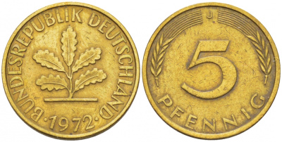 ФРГ 5 ПФЕННИГОВ 1972 J KM 107, J.382 сталь плакированная латунью 4396-1636