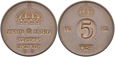 Швеция 5 эре 1956 TS, Густав VI Адольф (1950-1973) KM 822 бронза 4557-745