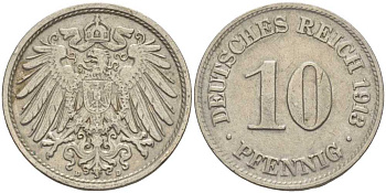 ГЕРМАНИЯ 10 ПФЕННИГОВ 1913 D KM 12, J. 13 медно-никель 33-711