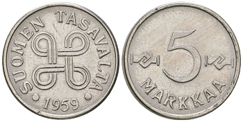 Финляндия 5 марок 1959 KM 37a никелированное железо 4594-416