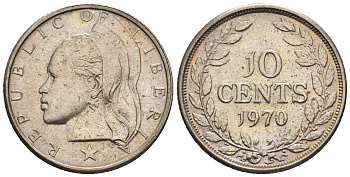 Либерия 10 центов 1970  KM 15a.2 медно-никель  UNC  220-1134