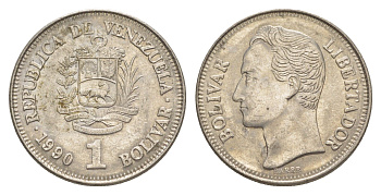 Венесуэла 1 боливар 1990 Симон Боливар, толстый шрифт Y 52a.2 сталь плакированная никелем 4591-541