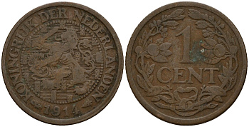Нидерланды 1 цент 1914 Вильгельмина I (1890-1948) KM 152 бронза 4154-868