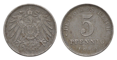 Германия 5 пфеннигов 1919 A KM 19, J. 297, Weege 5 железо плакированное цинком 4640-164