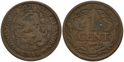 Нидерланды 1 цент 1914 Вильгельмина I (1890-1948) KM 152 бронза 4154-868
