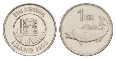 Исландия 1 крона 1992 треска KM 27a сталь плакированная никелем UNC 4635-111