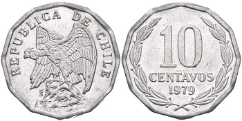 Чили 10 сентаво 1979 KM 205a алюминий 4402-435