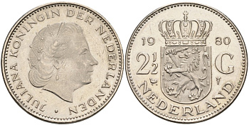 Нидерланды 2 1/2 гульдена 1980 Юлиана (1948-1980) KM 191 никель 4565-722
