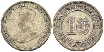 Стрейтс-Сетлментс 10 центов 1926 Георг V (1910-1936) KM 29b серебро 218-847
