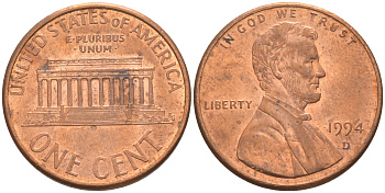 США 1 ЦЕНТ 1994 D, ЛИНКОЛЬН KM 201b цинк плакированный медью UNC 188-247