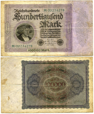 Германия 100000 марок 1923 Георг Гизе, без T под портретом, 8 цифр в номере Pick 83 a, Розенберг 82 а бумага 2192-35-1