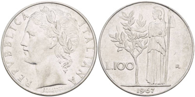 ИТАЛИЯ 100 ЛИР 1967 R, АФИНА У ОЛИВКОВОГО ДЕРЕВА KM 96.1 нержавеющая сталь 4545-636