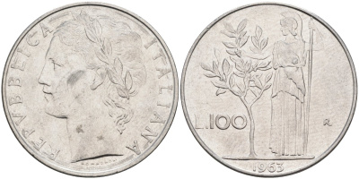 Италия 100 лир 1963 R, Афина в доспехах KM 96.1 нержавеющая сталь 81-1245